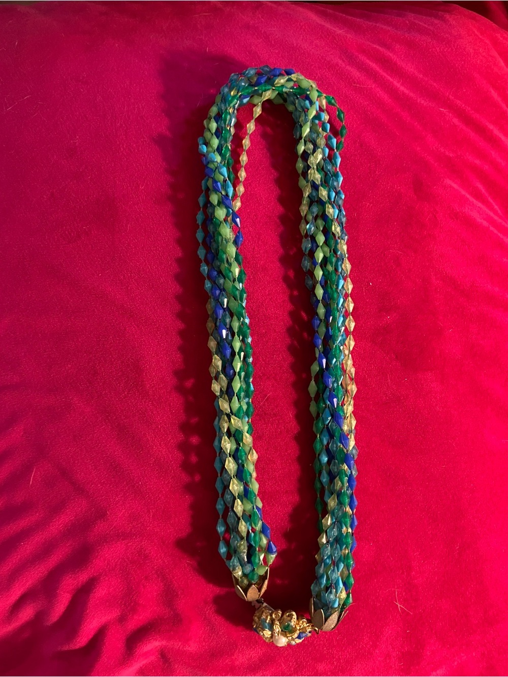 Vintage Green, Blue and Yellow Multi-Strand Faceted Beaded Necklace